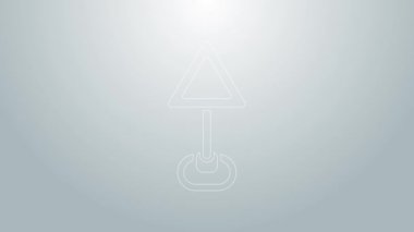 Mavi çizgi üçgeni uyarı simgesi gri arkaplanda izole edildi. Trafik kuralları ve güvenli sürüş. 4K Video hareketli grafik canlandırması