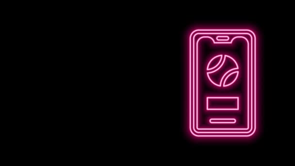 Gloeiende neon lijn Smartphone met honkbal bal op het scherm pictogram geïsoleerd op zwarte achtergrond. Online honkbal spel voor mobiele telefoon. 4K Video motion grafische animatie — Stockvideo