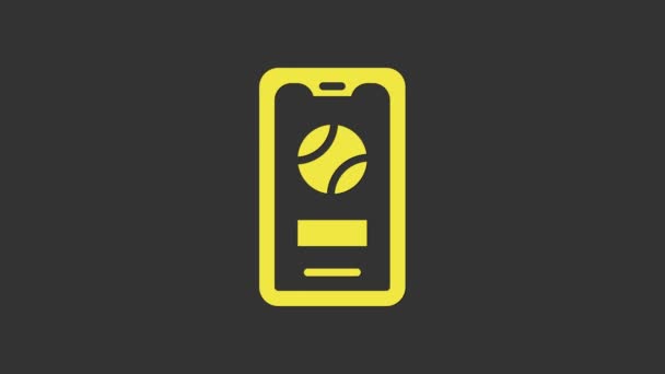 Smartphone amarelo com bola de beisebol no ícone de tela isolado no fundo cinza. Jogo de beisebol online para celular. Animação gráfica em movimento de vídeo 4K — Vídeo de Stock