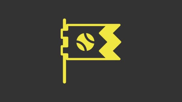 Жовтий прапор з значком бейсбольного м'яча ізольовано на сірому фоні. 4K Відео рух графічна анімація — стокове відео