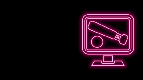 Glowing neon line Monitor with baseball ball and bat on the screen icon isolated on black background. Online baseball game. 4K Video motion graphic animation — Stock video