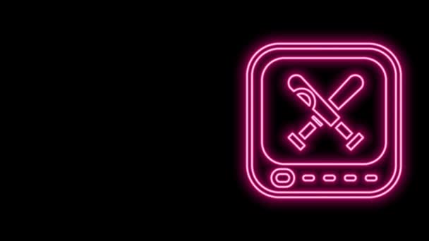 Glowing neon line Monitor with baseball ball and bat on the screen icon isolated on black background. Online baseball game. 4K Video motion graphic animation — Αρχείο Βίντεο