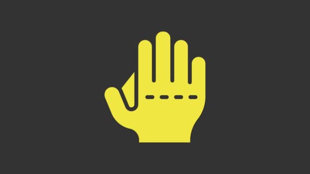 Желтый значок бейсбольной перчатки изолирован на сером фоне. Видеографическая анимация 4k — стоковое видео