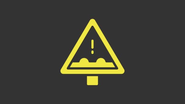 Yellow Uneven road ahead sign. Warning road icon isolated on grey background. Traffic rules and safe driving. 4K Video motion graphic animation — Stok video