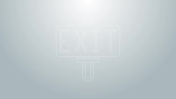 Blue line Fire exit icon isolated on grey background. Fire emergency icon. 4K Video motion graphic animation — 图库视频影像