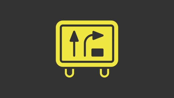 Segnale stradale giallo. Icona segnaletica isolata su sfondo grigio. Simbolo puntatore. Segnale stradale isolato. Segnale di direzione. Animazione grafica 4K Video motion — Video Stock
