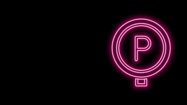 Zářící neonová čára Parkovací ikona izolovaná na černém pozadí. Pouliční značka. Grafická animace pohybu videa 4K — Stock video