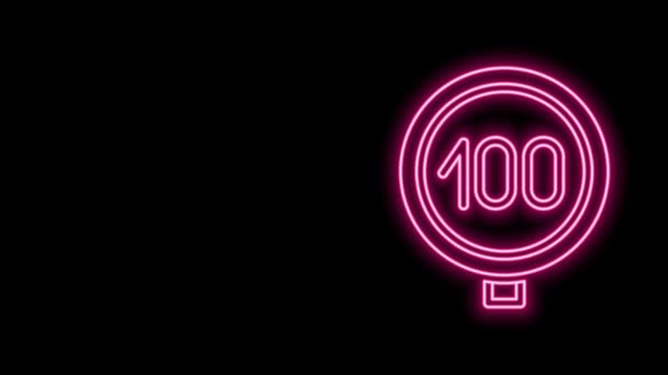 Świecąca neonowa linia Prędkość ogranicza znak drogowy 100 km ikona izolowana na czarnym tle. 4K Animacja graficzna ruchu wideo — Wideo stockowe