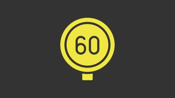 Yellow Speed limit verkeersbord 60 km pictogram geïsoleerd op grijze achtergrond. 4K Video motion grafische animatie — Stockvideo