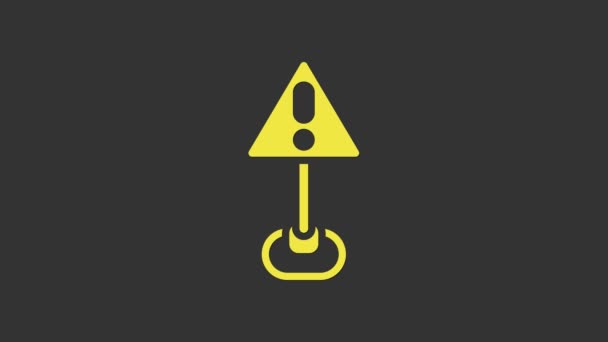 Yellow Exclamation mark in triangle icon isolated on grey background. Hazard warning sign, careful, attention, danger warning important sign. 4K Video motion graphic animation — Stock Video