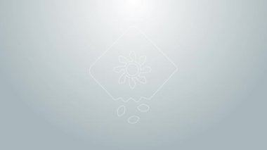 Gri arka planda izole edilmiş özel bir bitki simgesinin tohumlarıyla dolu mavi çizgi paketi. 4K Video hareketli grafik canlandırması