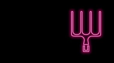 Parlayan neon hattı bahçe yabası simgesi siyah arkaplanda izole edildi. Bahçe çatalı işareti. Bahçecilik, tarım, çiftçilik aleti. 4K Video hareketli grafik canlandırması