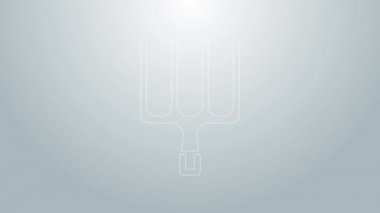 Mavi çizgili bahçe dirgen simgesi gri arkaplanda izole edilmiş. Bahçe çatalı işareti. Bahçecilik, tarım, çiftçilik aleti. 4K Video hareketli grafik canlandırması