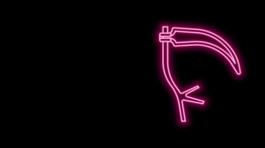 Parlayan neon hattı Scythe simgesi siyah arkaplanda izole edildi. Mutlu Cadılar Bayramı Partisi. 4K Video hareketli grafik canlandırması
