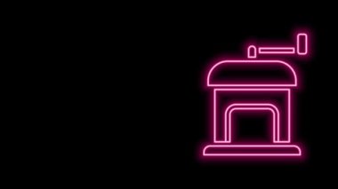 Parlak neon hattı Manuel kahve öğütücü simgesi siyah arkaplanda izole edilmiş. 4K Video hareketli grafik canlandırması