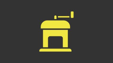 Sarı Manuel kahve öğütücü ikonu gri arka planda izole edilmiş. 4K Video hareketli grafik canlandırması