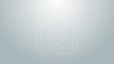 Mavi çizgi Ramazan takvim simgesi gri arkaplanda izole edildi. Ramazan Kareem ve İslami semboller. 4K Video hareketli grafik canlandırması