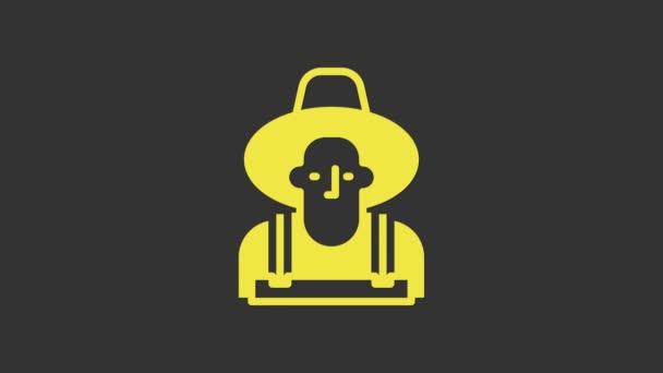เกษตรกรสีเหลืองในไอคอนหมวกที่แยกจากพื้นหลังสีเทา 4K แอนิเมชั่นภาพเคลื่อนไหววิดีโอ — วีดีโอสต็อก