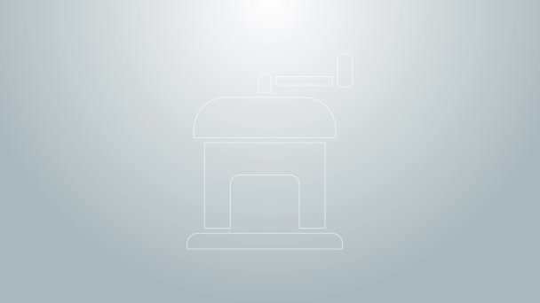 Línea azul Icono molinillo de café manual aislado sobre fondo gris. Animación gráfica de vídeo 4K — Vídeo de stock
