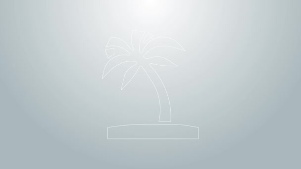 Синяя линия - иконка пальмового дерева на сером фоне. Кокосовая пальма. Видеографическая анимация 4K — стоковое видео