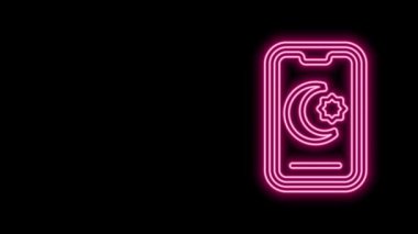 Parlayan neon hattı Yıldız ve Hilal - siyah arkaplanda izole edilmiş İslam ikonunun sembolü. Din sembolü. 4K Video hareketli grafik canlandırması