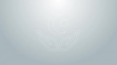Mavi çizgi yıldızı ve hilal - gri arkaplanda izole edilmiş İslam ikonunun sembolü. Din sembolü. 4K Video hareketli grafik canlandırması