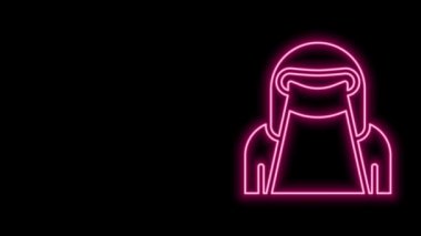 Işıldayan neon hattı siyah arkaplanda izole edilmiş niqab ikonlu Müslüman kadın. 4K Video hareketli grafik canlandırması