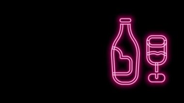 Siyah zemin üzerinde cam ikon bulunan parlak neon çizgili şarap şişesi. 4K Video hareketli grafik canlandırması