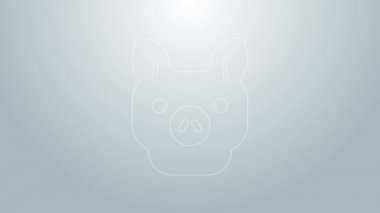 Mavi çizgi domuz simgesi gri arkaplanda izole edildi. Hayvan sembolü. 4K Video hareketli grafik canlandırması