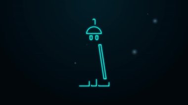 Parlayan neon çizgili cami kulesi ya da siyah arkaplanda izole edilmiş minare ikonu. 4K Video hareketli grafik canlandırması