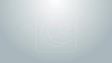 Mavi çizgi yıldızı ve hilal - gri arkaplanda izole edilmiş İslam ikonunun sembolü. Din sembolü. 4K Video hareketli grafik canlandırması