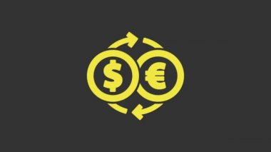 Sarı Para Takas simgesi gri arkaplanda izole edildi. Euro ve Dolar para transferi sembolü. Bankacılık işareti. 4K Video hareketli grafik canlandırması