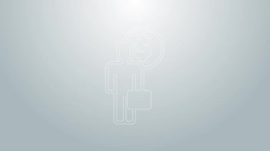 Mavi çizgi iş adamı gri arka planda izole edilmiş zihin ikonu planlıyor. Dolarlı insan kafası. Para kazanmak için bir fikir. Yatırım artışı. 4K Video hareketli grafik canlandırması