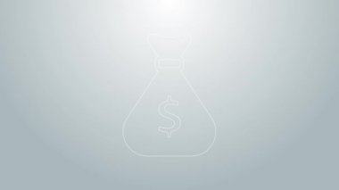 Mavi çizgi Para Çantası simgesi gri arkaplanda izole edildi. Dolar ya da USD sembolü. Nakit bankacılık tabelası. 4K Video hareketli grafik canlandırması