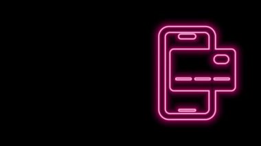 Parlayan neon hattı Mobil bankacılık simgesi siyah arkaplanda izole edildi. Cep telefonu ekranına cep telefonu bankacılığı yoluyla para aktar. 4K Video hareketli grafik canlandırması