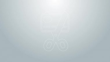 Mavi çizgili makas gri arka planda izole edilmiş bir kredi kartı simgesini kesiyor. Çevrimiçi ödeme. Nakit çekilmesi. Finansal operasyonlar. Alışveriş tabelası. 4K Video hareketli grafik canlandırması