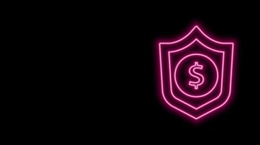 Siyah arkaplanda dolar sembolü olan parlak neon hattı kalkanı. Güvenlik kalkanı koruması. Para güvenliği konsepti. 4K Video hareketli grafik canlandırması