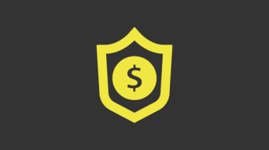 Gri arkaplanda dolar sembolü olan Sarı Kalkan. Güvenlik kalkanı koruması. Para güvenliği konsepti. 4K Video hareketli grafik canlandırması
