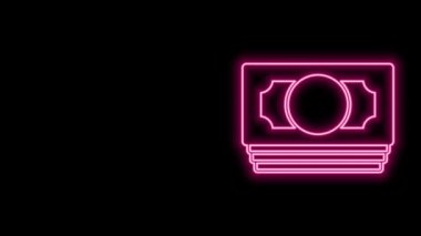 Parlak neon hattı kağıt yığınları para ikonu siyah arka planda izole. Para desteleri. Para birimi. 4K Video hareketli grafik canlandırması