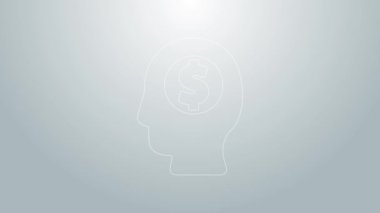 Mavi çizgi iş adamı gri arka planda izole edilmiş zihin ikonu planlıyor. Dolarlı insan kafası. Para kazanmak için bir fikir. Yatırım artışı. 4K Video hareketli grafik canlandırması