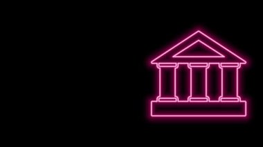 Parlayan neon hattı banka binası simgesi siyah arkaplanda izole edildi. 4K Video hareketli grafik canlandırması