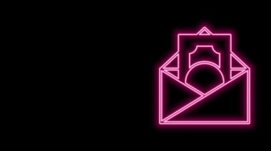 Parlayan neon hattı Zarfı. Siyah arka planda izole edilmiş madeni para sembolü simgesi. Maaş zammı, maaş bordrosu, tazminat geliri. 4K Video hareketli grafik canlandırması