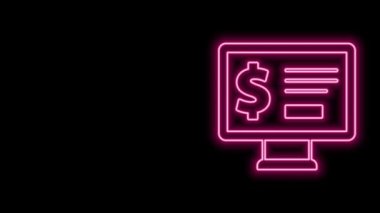 Siyah zemin üzerinde dolar simgesi olan parlak neon hattı monitörü. Dünyanın her yerine para göndermek, para transferi, online bankacılık, finansal işlemler. 4K Video hareketli grafik canlandırması