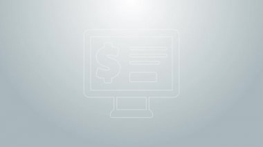 Gri arkaplanda dolar simgesi olan mavi çizgi monitörü. Dünyanın her yerine para göndermek, para transferi, online bankacılık, finansal işlemler. 4K Video hareketli grafik canlandırması