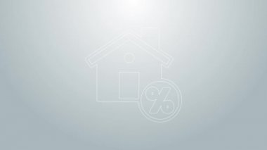 Gri arkaplanda özel indirimli etiket simgesine sahip mavi çizgi evi. Emlak evi. Kredi yüzdesi sembolü. 4K Video hareketli grafik canlandırması