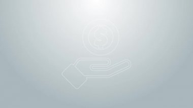 Mavi çizgi İnsan eli gri arka planda izole edilmiş para ikonu veriyor. Para ikonu alınıyor. 4K Video hareketli grafik canlandırması