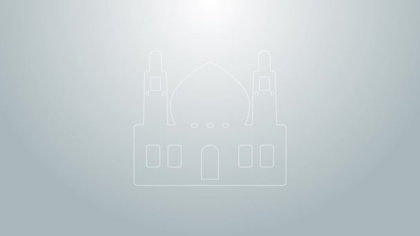 Blue line Muslim Mosque icon isolated on grey background. 4K Video motion graphic animation — Stock Video