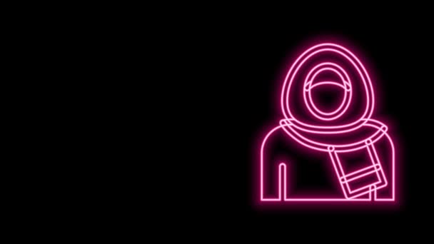 Glowing neon line Muslim woman in hijab icon isolated on black background. 4K Video motion graphic animation — Stock Video