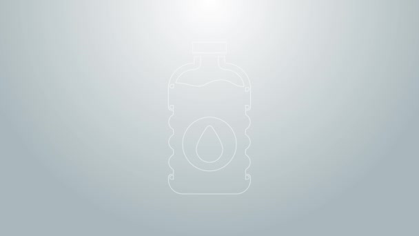 Línea azul Icono de botella de agua aislado sobre fondo gris. Signo de bebida de soda aqua. Animación gráfica de vídeo 4K — Vídeo de stock