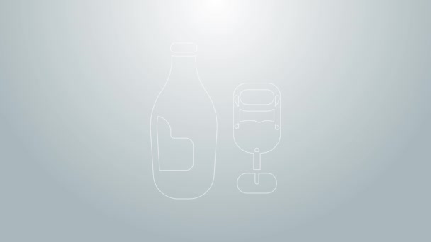 Línea azul Botella de vino con icono de vidrio aislado sobre fondo gris. Animación gráfica de vídeo 4K — Vídeo de stock